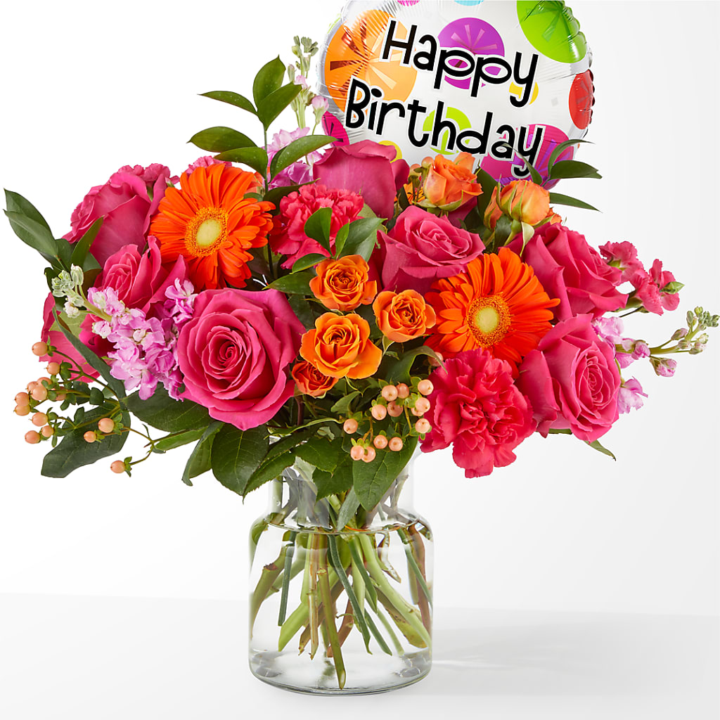 Fiesta Bouquet with Birthday Balloon – Portage Florals, Portage PA