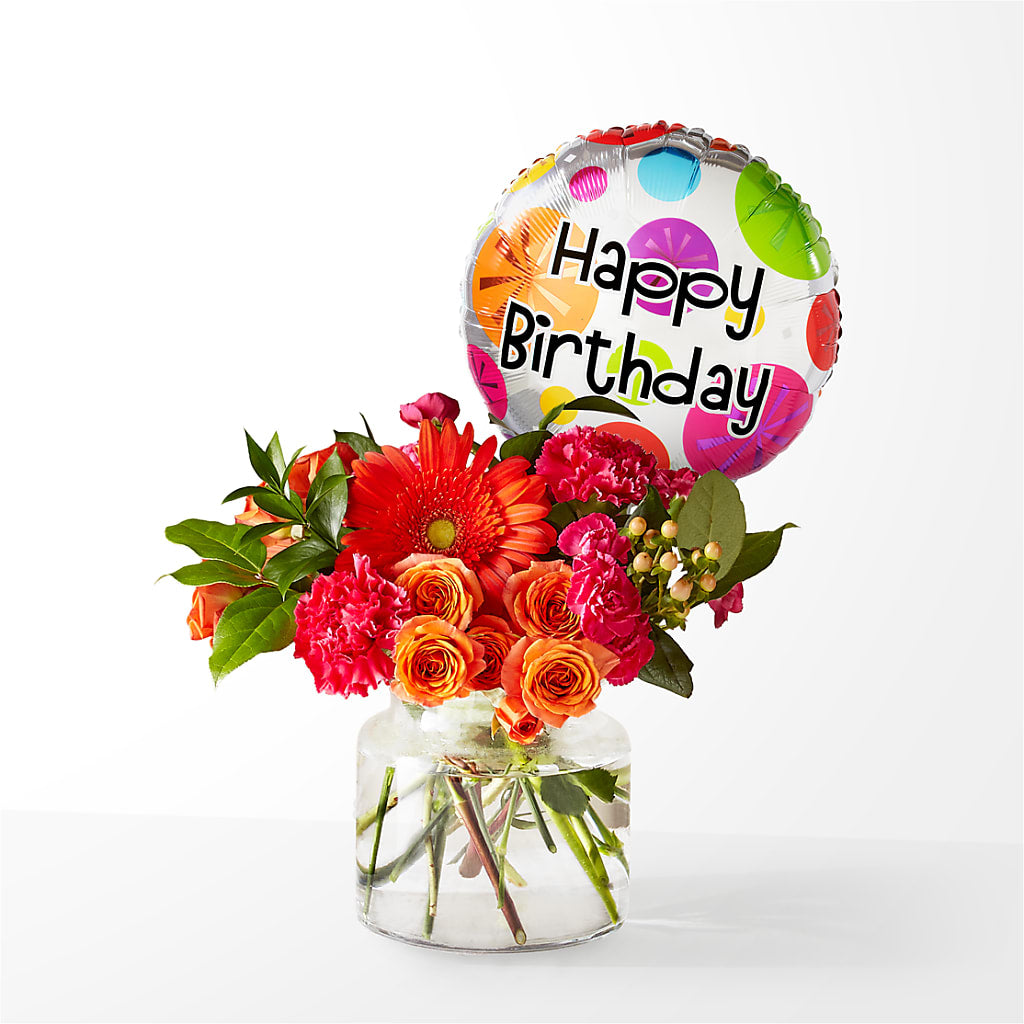 Fiesta Bouquet with Birthday Balloon – Portage Florals, Portage PA
