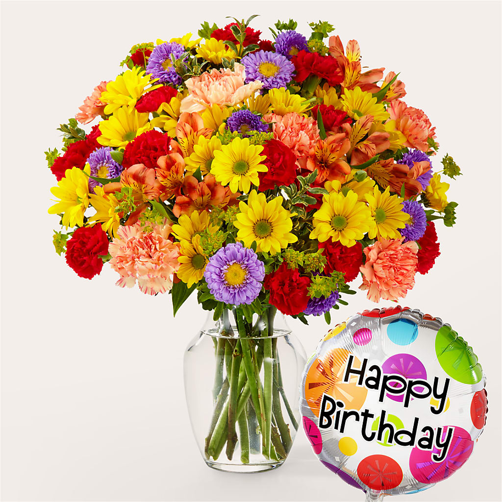 Kaleidoscope Bouquet with Birthday Balloon – Portage Florals, Portage PA