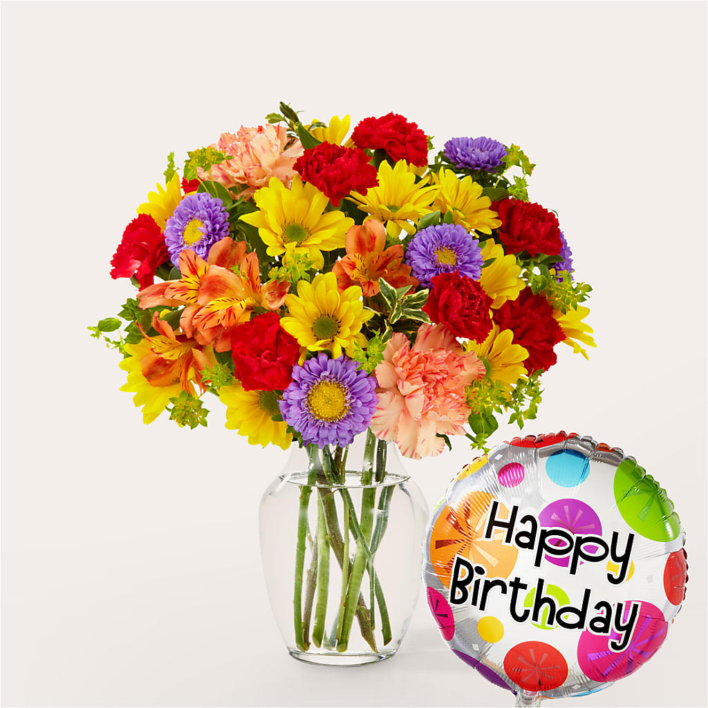 Kaleidoscope Bouquet with Birthday Balloon – Portage Florals, Portage PA