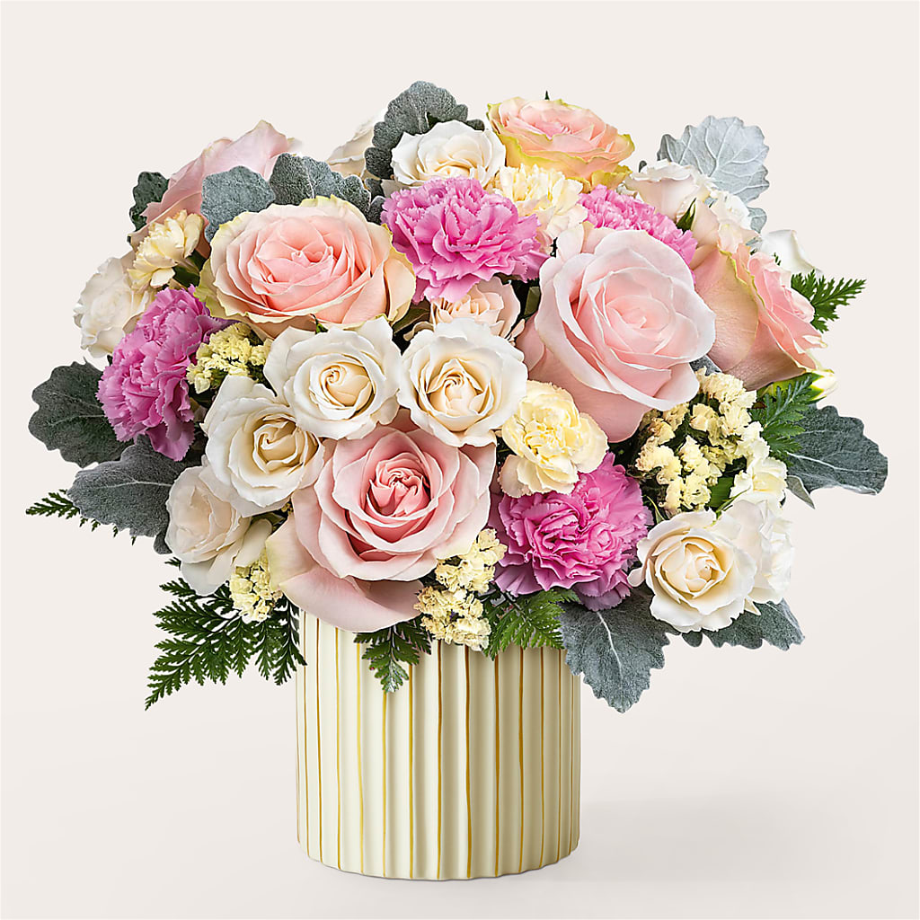 Blissful Moments Bouquet with Ivory Vase – Portage Florals, Portage PA