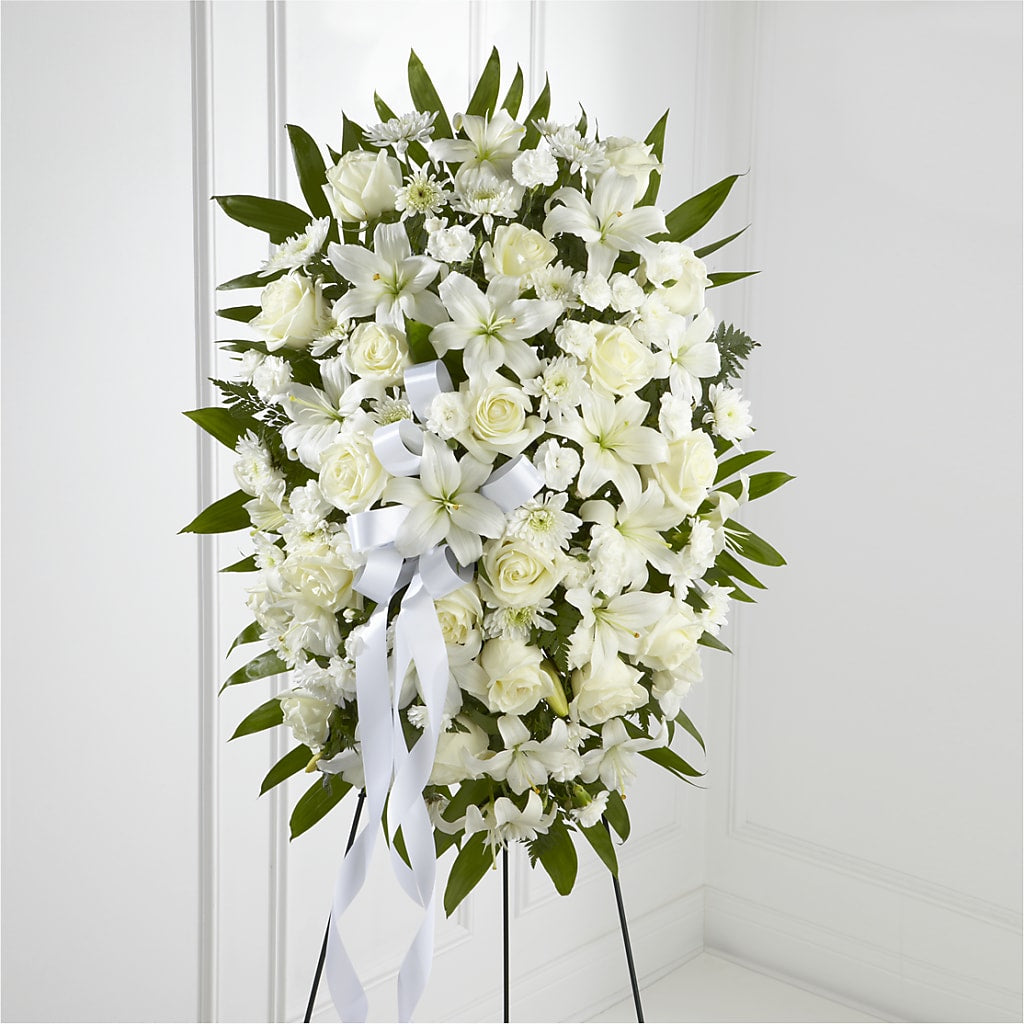 Exquisite Tribute Standing Spray-White Ribbon – Portage Florals, Portage PA