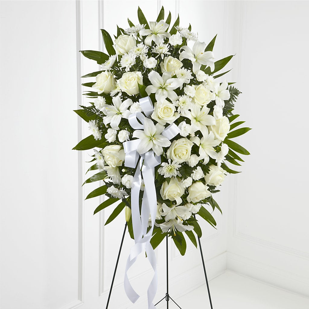 Exquisite Tribute Standing Spray-White Ribbon – Portage Florals, Portage PA