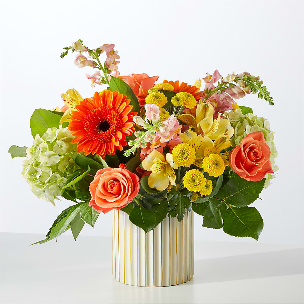 Autumn Sunshine Bouquet with Ivory Vase –  Portage Florals, Portage PA